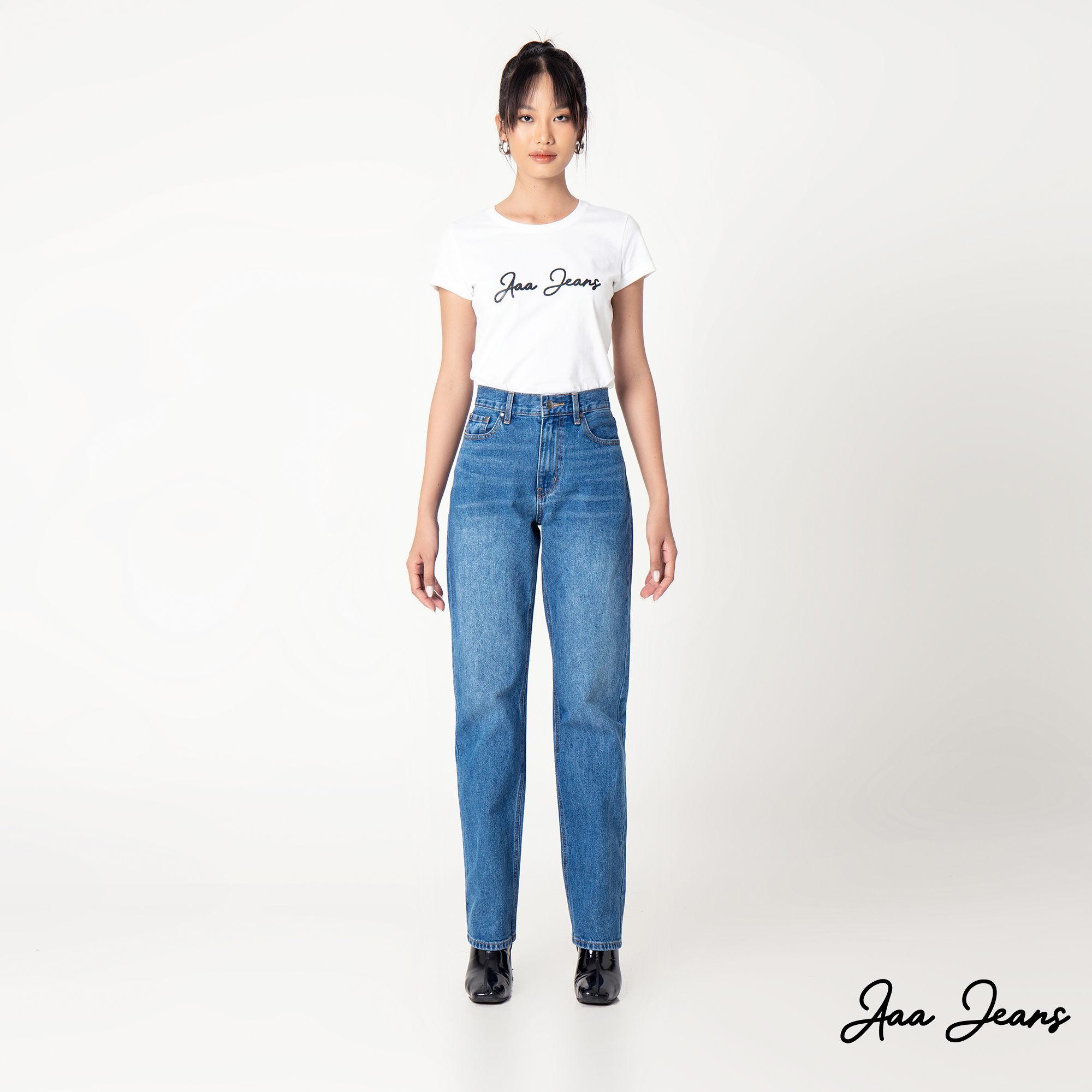 Quần jeans nữ ống đứng slim fit lưng cao Aaa Jeans