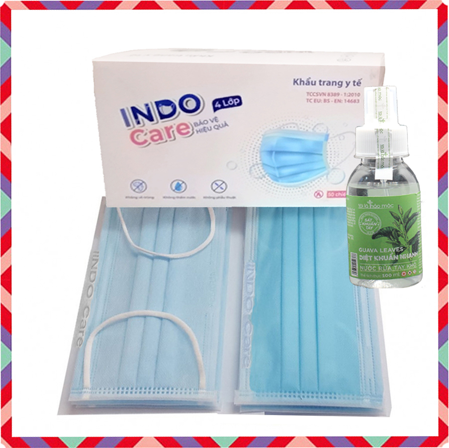 [ComBo Du Lịch 20] cái Khẩu Trang Tinh Dầu Tràm Trà Chống Say Tàu Xe - Khử Mùi Hơi Thở INDO CARE / Kháng Khuẩn 99% 4 lớp + Chai Nước Rửa Tay Khô chiết xuất Lá Ổi 100ml