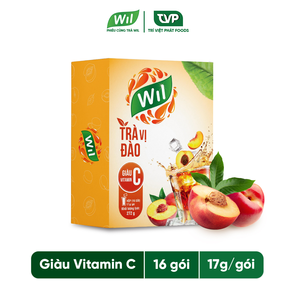 Trà hòa tan vị đào Wil pha chế đồ uống bổ sung vitamin C giải khát 272g (16 gói x 17g/gói)