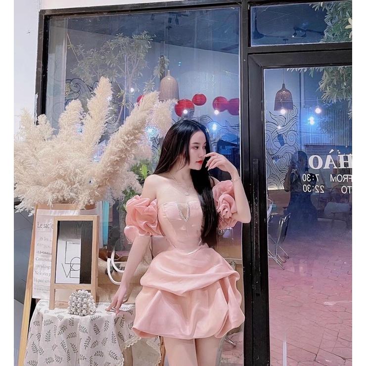 Váy nữ trễ vai xẻ lưới ngực viền đá xoè phồng dự tiệc chất tafta full màu V329 fullsize AĐ BOUTIQUE