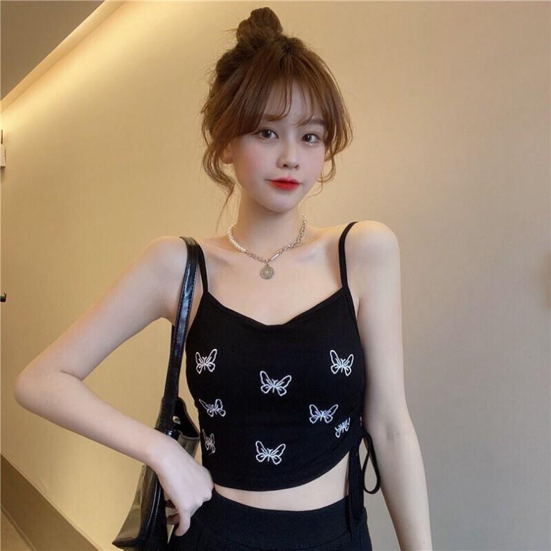 Áo bra 2 dây dáng croptop dây rút sườn hoạ tiết hình bướm có 3 màu đen, ghi, trắng coco land - chất bền