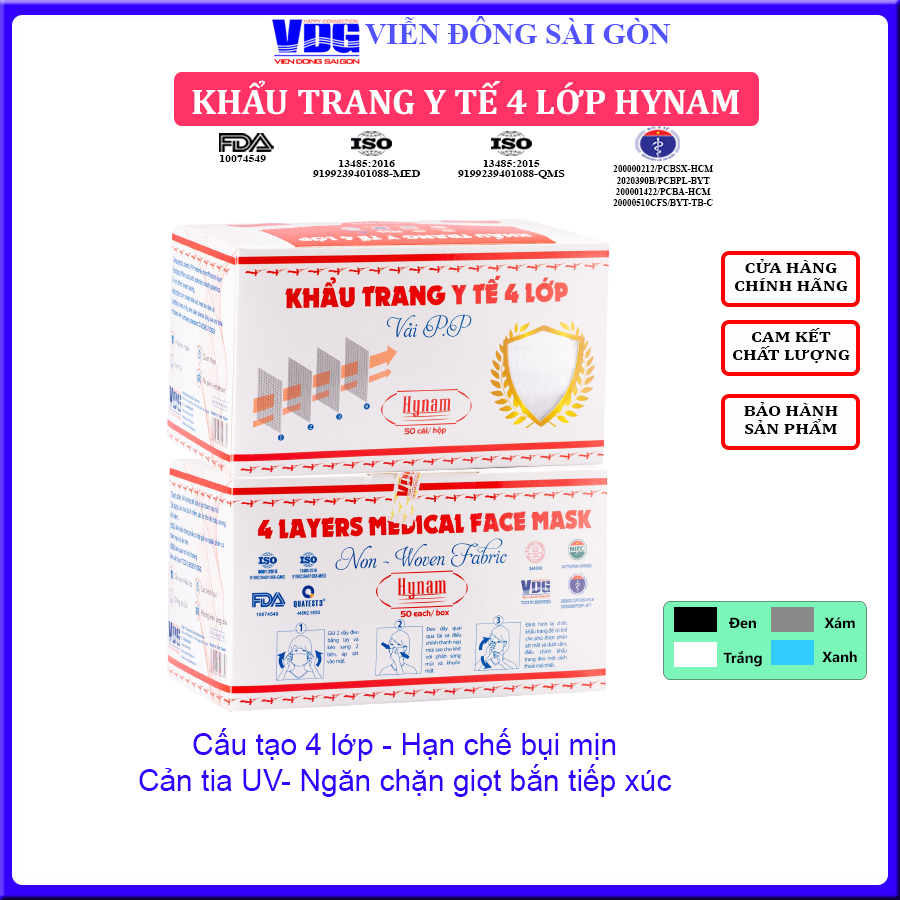 Khẩu trang y tế 4 lớp Hynam màu trắng hộp 50 cái - Kháng khuẩn, chống bụi, chống tia UV