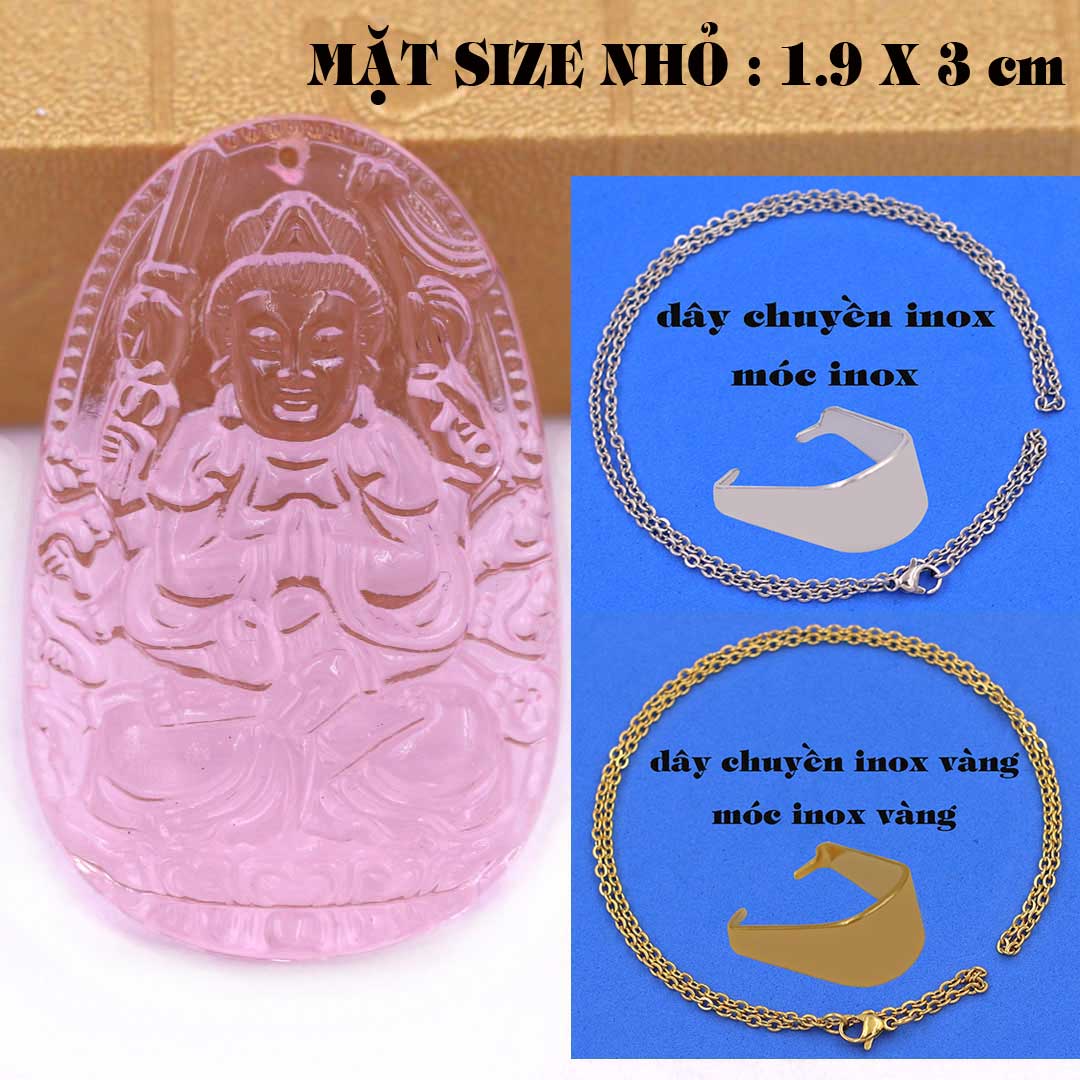 Mặt Phật Quan âm nghìn tay nghìn mắt pha lê hồng 1.9cm x 3cm  kèm vòng cổ dây chuyền inox vàng + móc inox vàng, Mặt Phật Quan âm