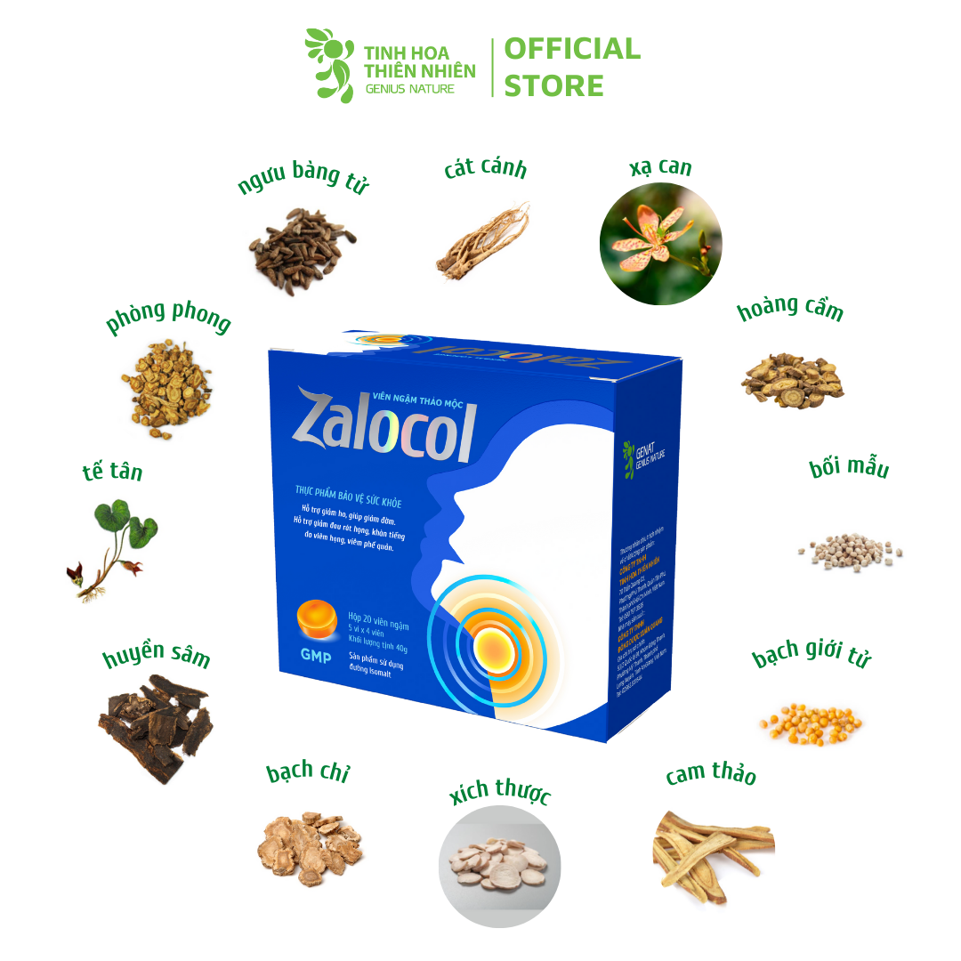 Viên ngậm Ho thảo mộc Zalocol hỗ trợ giảm đau rát họng, khản tiếng do viêm họng, viêm phế quản (Hộp 20 viên) - Genat