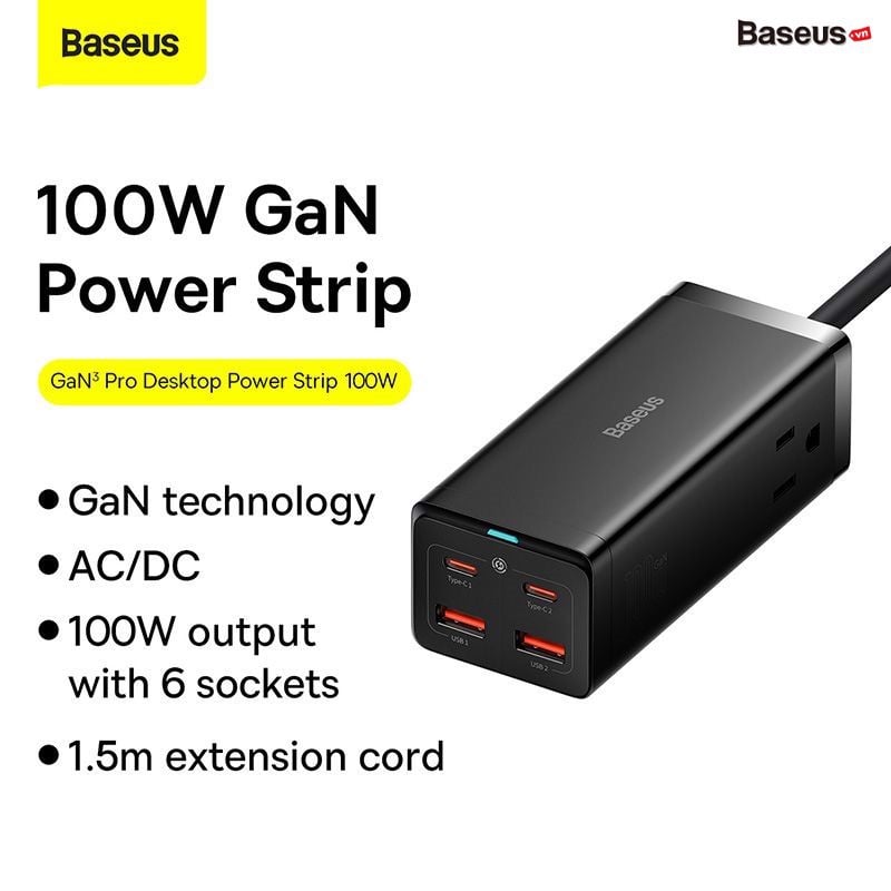 Bộ Sạc Nhanh Baseus 100W GaN3 Pro Desktop Powerstrip 6 in 1 AC 100V-220V (2AC+2U+2C) (Type-C To Type-C 100W(20V/5A)) PSZM- Hàng chính hãng