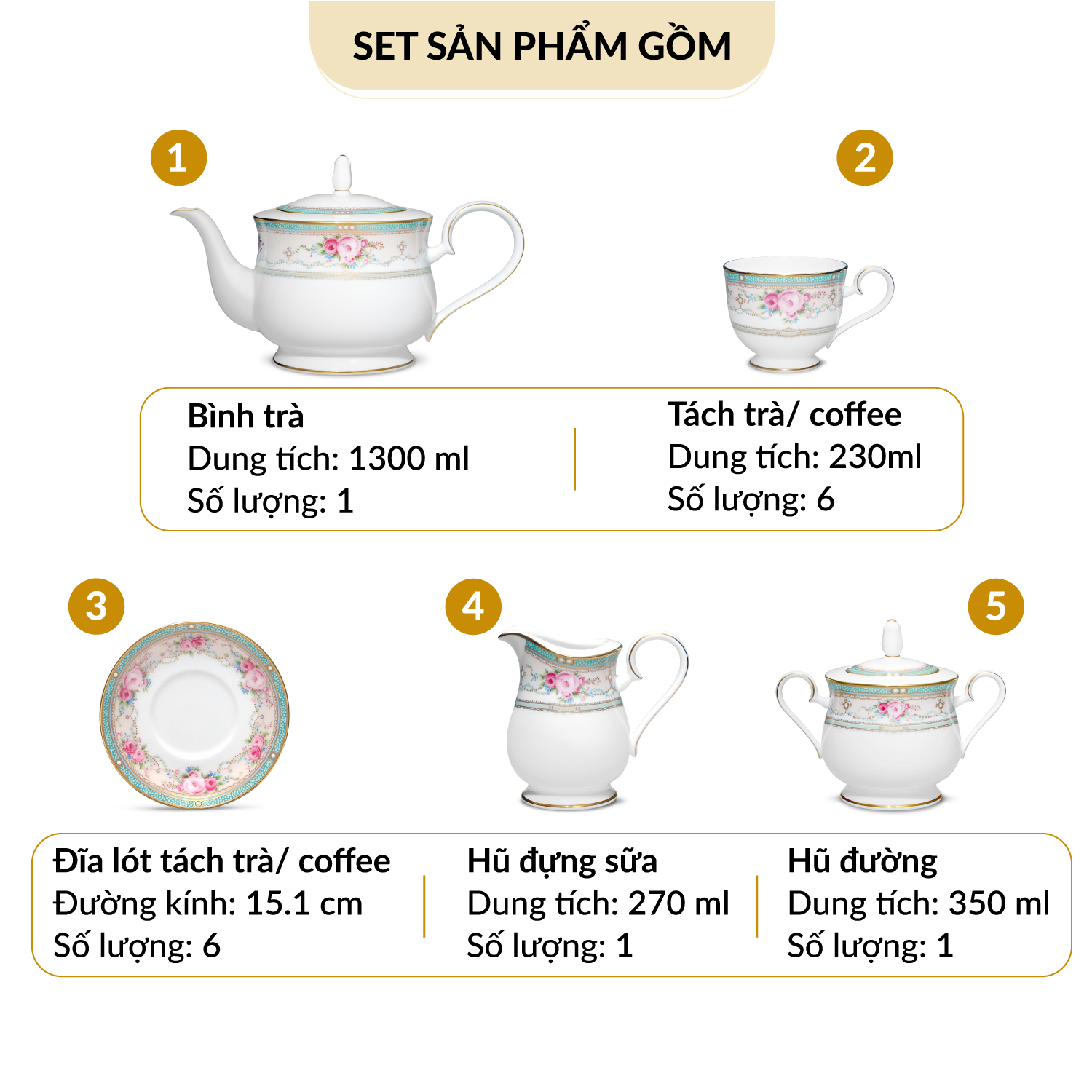 Bộ Bàn Trà/Coffee 15 Món Noritake dòng Palace Rose  sứ xương cao cấp (4863L - T017A)