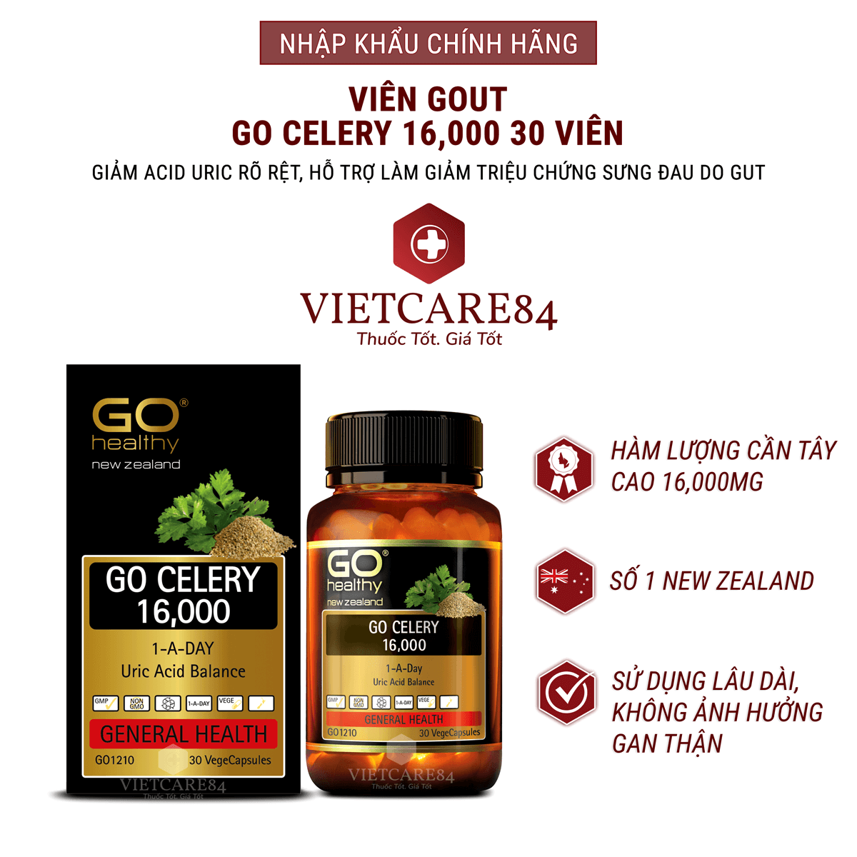 Bộ sản phẩm giúp hạn chế tổn thương xương sụn khớp cho người bị gut: Viên gout New Zealand GO CELERY 16000mg và viên uống bổ xương khớp New Zealand GO GLUCOSAMINE 1-A-DAY 1500mg