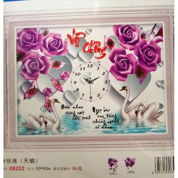 Tranh thêu vợ chồng thiên nga hoa hồng tím X8222 - kích thước: 55 * 43cm.