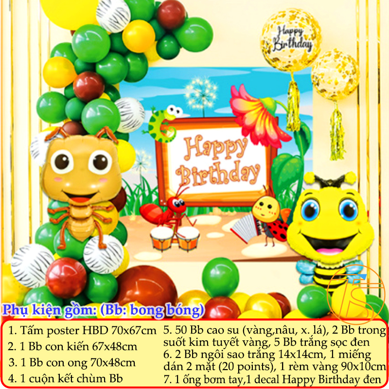 Sét bong bóng trang trí sinh nhật happy birthday con ong và kiến - Bộ trang trí sinh nhật thôi nôi, đầy tháng cho bé