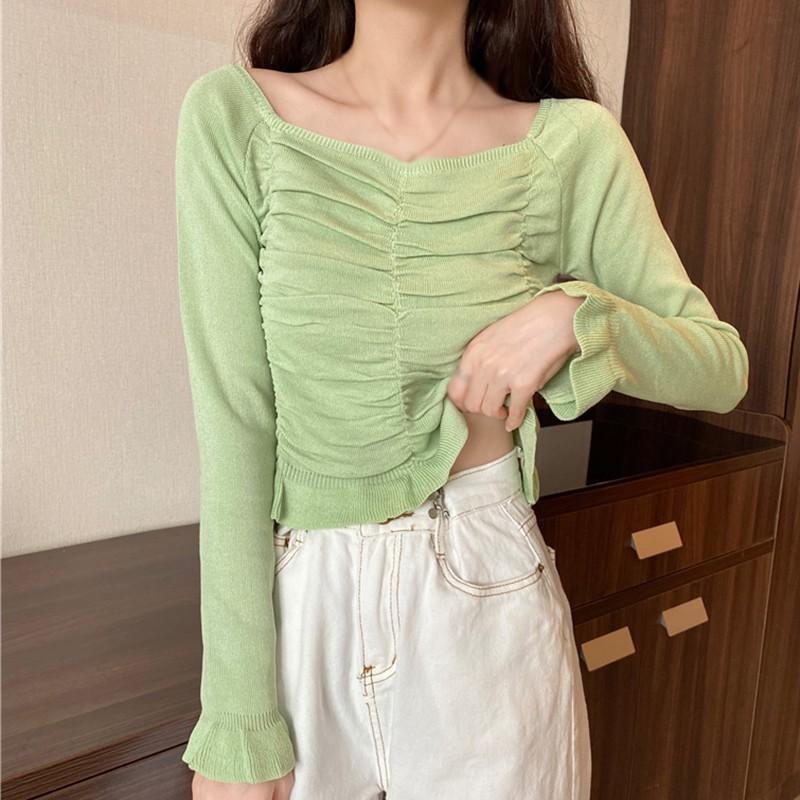 Áo Dệt Kim Tay Dài Cổ Vuông Màu Trơn Thanh Lịch