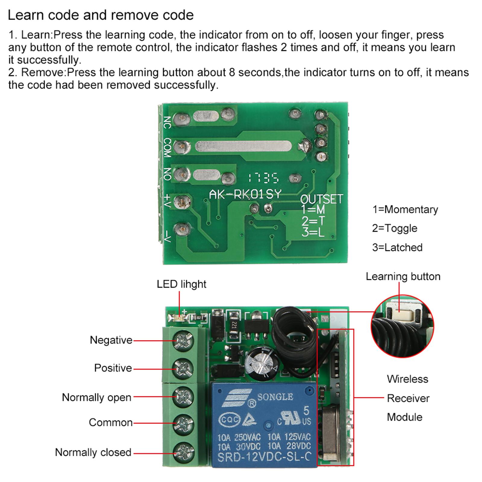 Smart Home 433Mhz DC 12V 1CH Wireless Remote Switch Relay Receiver Transmitter Universal Remote Control Switch Module and RF Transmitter Remote Controls 1527