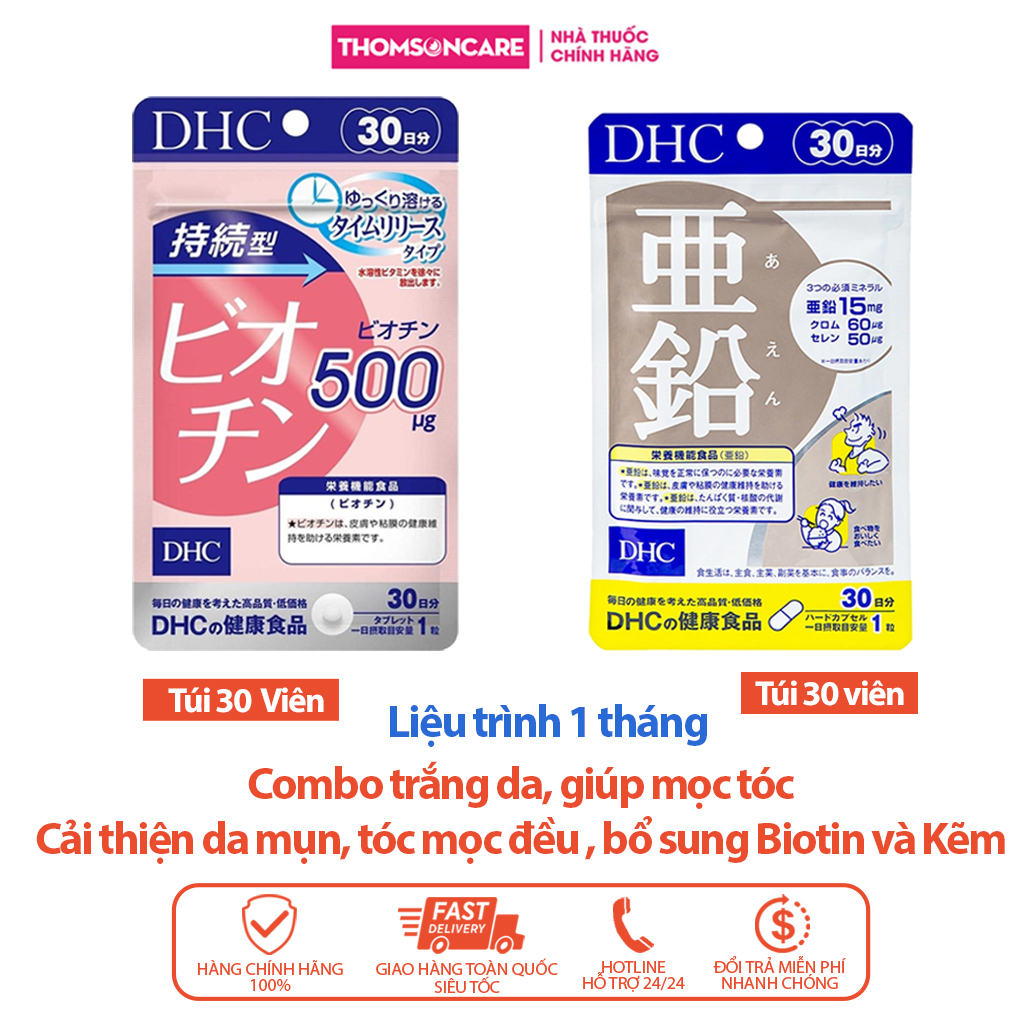 Viên uống đẹp da, làm sáng da mờ thâm, kích thích mọc tóc DHC Kẽm 30V và DHC Biotin Nhật Bản - Giúp cải thiện tình trạng da mụn, giảm rụng tóc tăng cường thể lực và bổ sung Biotin Thomsoncare