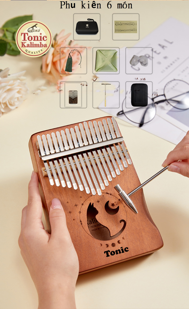 Trọn bộ 6 phụ kiện- Đàn kalimba gỗ hộp cộng hưởng Tonic 17 phím cao cấp loại 1 hình mèo cute MB17K- Hàng chính hãng