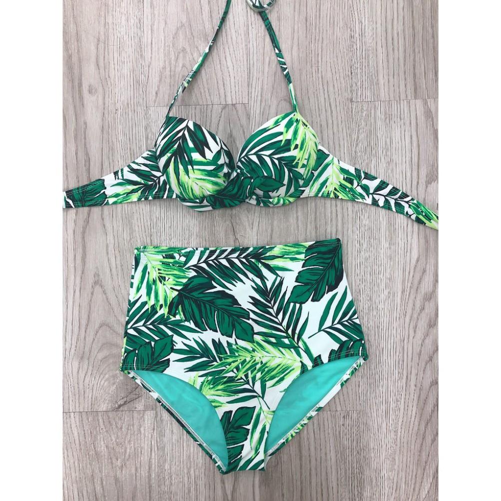 Bikini hai mảnh bộ bơi quần đùi họa tiết lá xanh có gọng chất thun lạnh mặc đi biển đi bơi