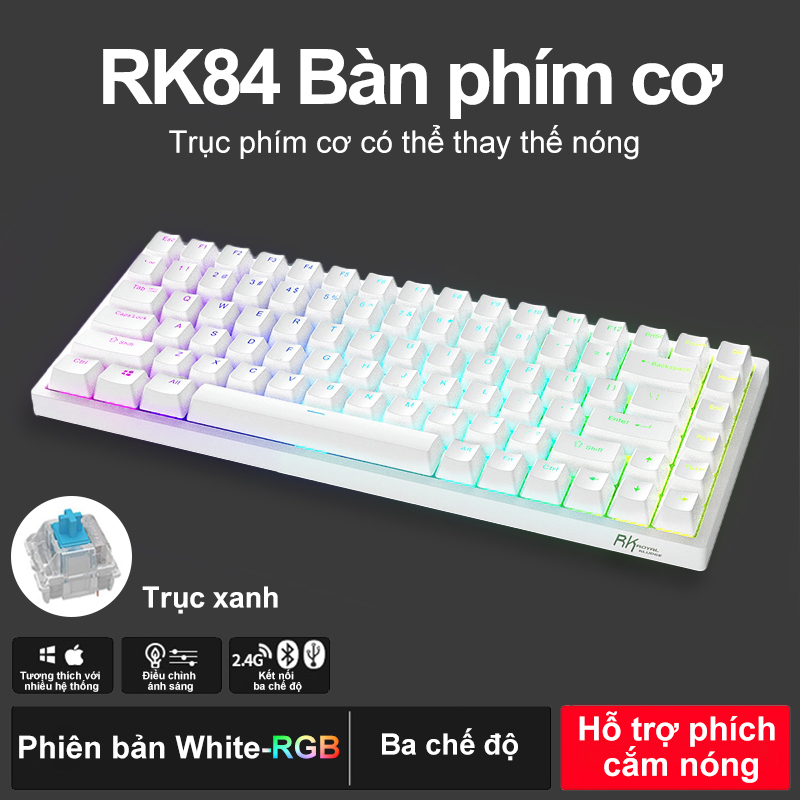 RK100 RGB HOTSWAP - Bàn phím cơ Bluetooth Royal Kludge RK84 100/ 84 phím kết nối 3 chế độ Có dây/Bluetooth/Receiver 2.4G [Hàng chính hãng