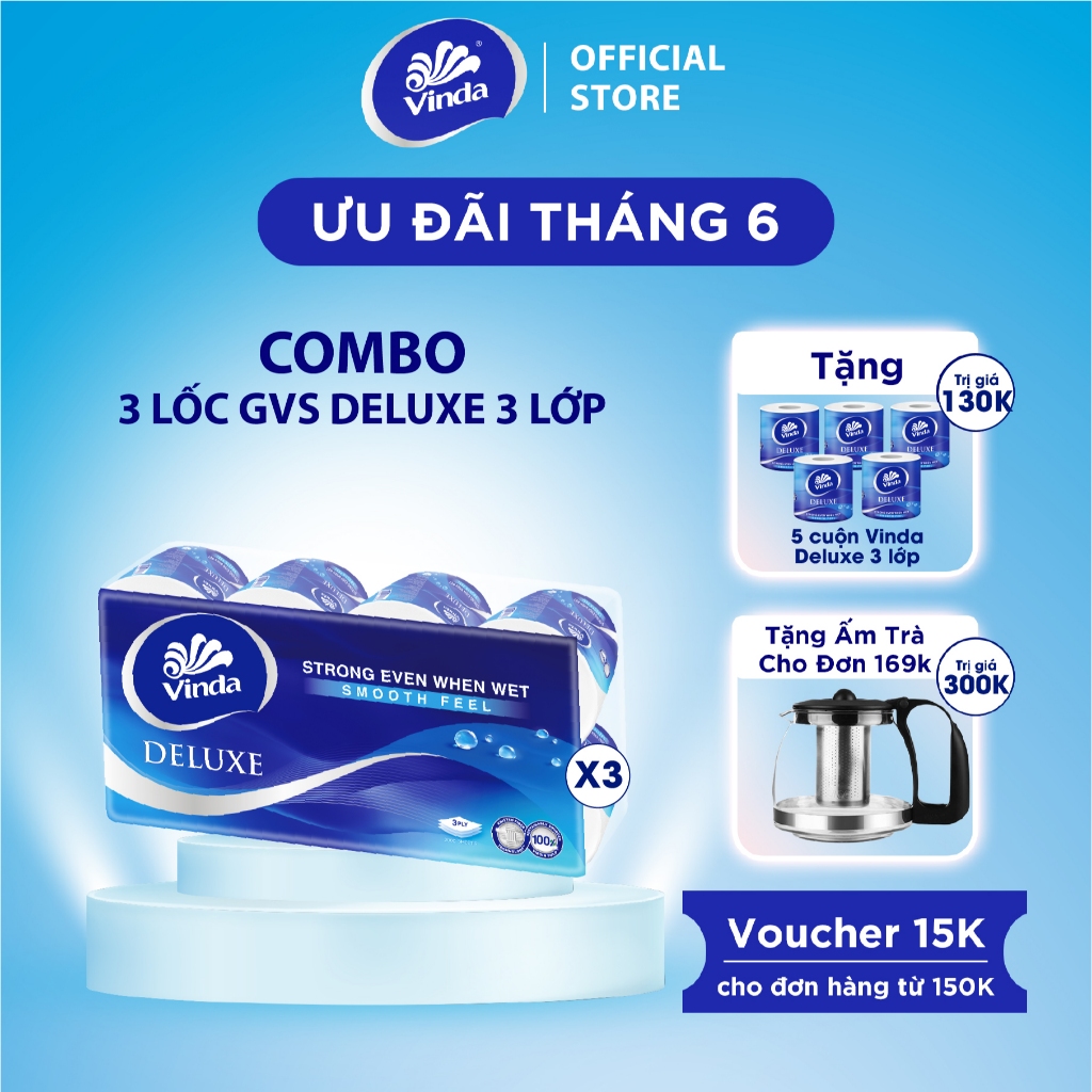 [MUA 3 LỐC GVS DELUXE TẶNG 5 CUỘN] Giấy vệ sinh cao cấp Vinda Deluxe 3 lớp (8 Cuộn)