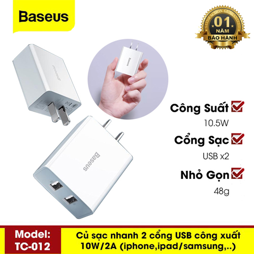 Củ Sạc Du Lịch USB Kép Tốc Độ 10,5W TC012 - Hàng Chính Hãng Baseus