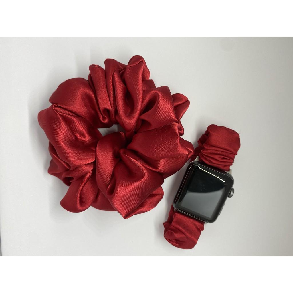 Combo dây đồng hồ apple watch và scrunchies dây cột tóc, buộc tóc vải satin lụa nhiều màu