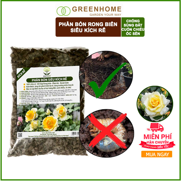 Phân bón hữu cơ rong biển DOCNEEM túi 1kg, kết hợp neem cake kích rễ mầm lá, cho Hoa hồng, phong lan, cây cảnh, rau sạch