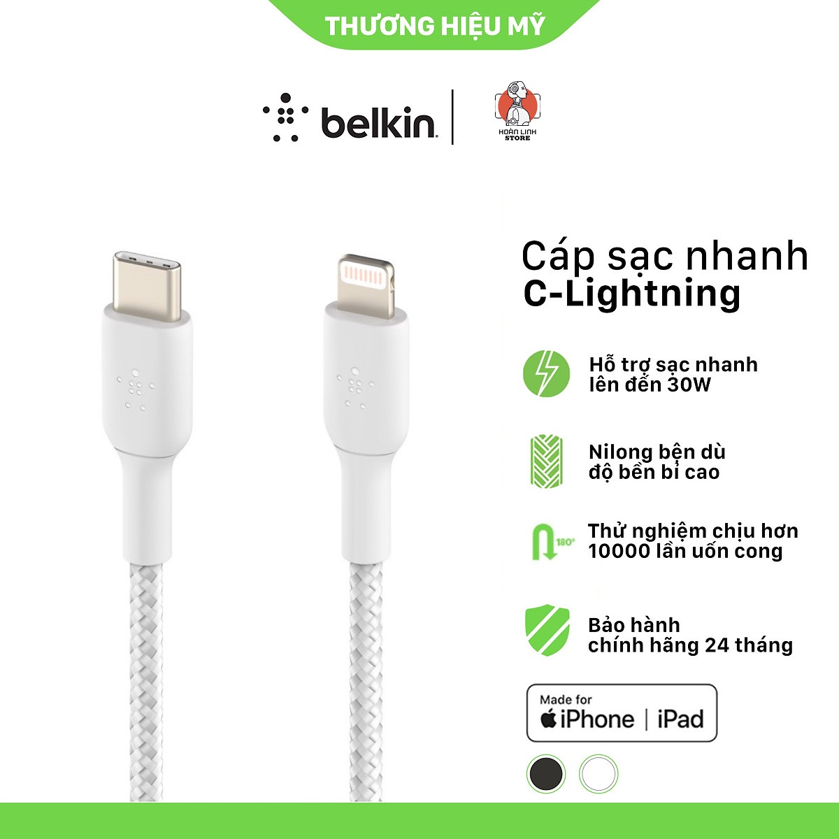 Cáp Sạc Nhanh Belkin USB-C to Light ning BOOST CHARGE vỏ dù cao cấp siêu bền, chứng chỉ MFi, sạc nhanh 30W, 1m &amp; 2m - CAA004BT