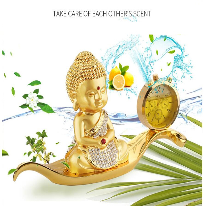 Tượng phật cao cấp đúc đồng mạ vàng, tích hợp đồng hồ trang trí trong nhà, taplo xe hơi, ô tô - Mã: A72542