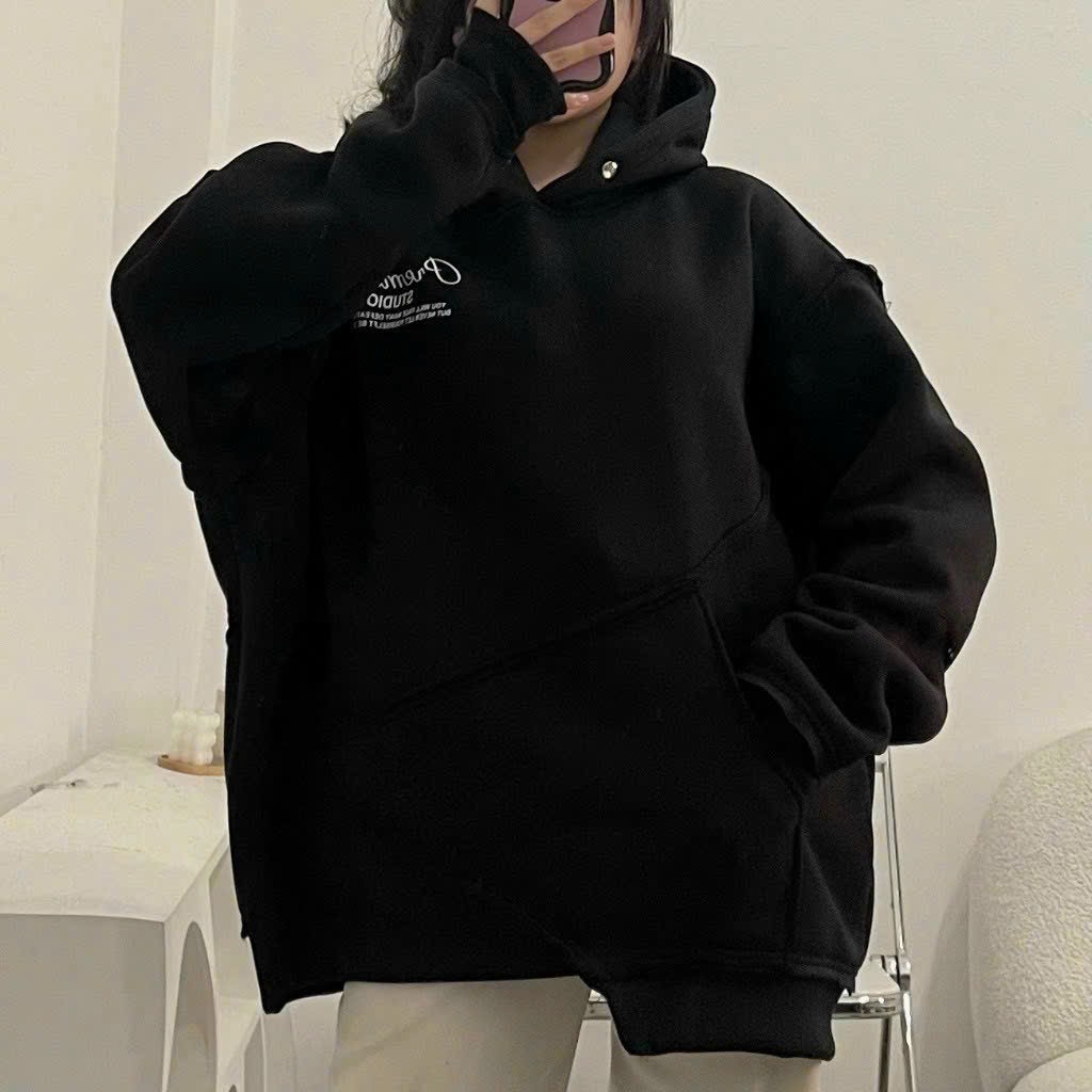 Hình ảnh Áo khoác hoodie PREMIUM STUDIO màu đen vải nỉ lót bông form rộng unisex nam nữ, Áo Hoodie Nỉ Có Mũ Nút Bấm In Chữ PREMIUM Form Rộng 02 Màu đen và xanh rêuUlzzang