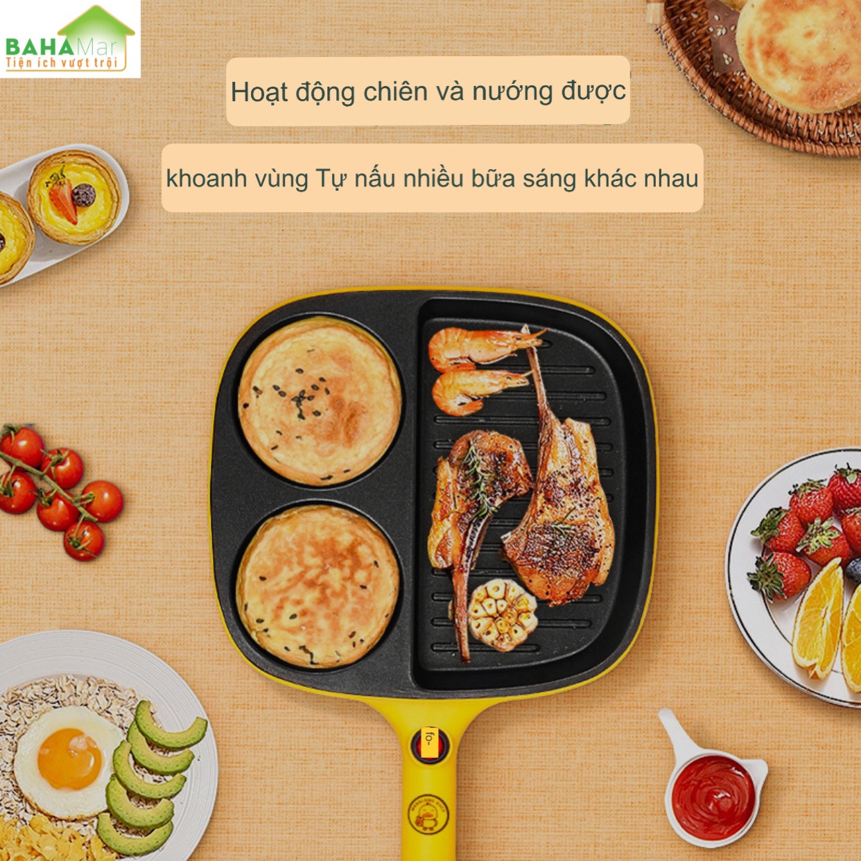 CHẢO ĐÁ ĐIỆN MINI CHỐNG DÍNH CHIA 3 NGĂN TIỆN SỬ DỤNG CHO BẾP "BAHAMAR" Chảo chia 3 ngăn, 2 ngăn tròn làm bánh, ngăn to dùng chiên, xào tiện lợi.