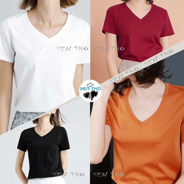 Áo Thun Nữ Cộc Tay Cổ Tim Dáng Suông Phông Trơn Vải Cotton Co Giãn Tốt. Màu Bassic Trắng, Đen, Đỏ Đô, Vàng, Cam Đất