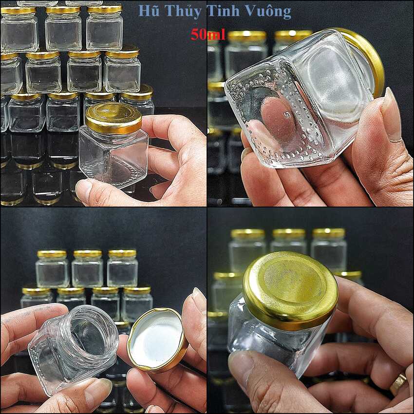 Hũ Thủy Tinh 50ML mẫu Vuông nắp thiếc vàng – Lọ Thủy Tinh Nhỏ - Hũ đựng yến chưng, mật ong, dầu dừa, mỹ phẩm