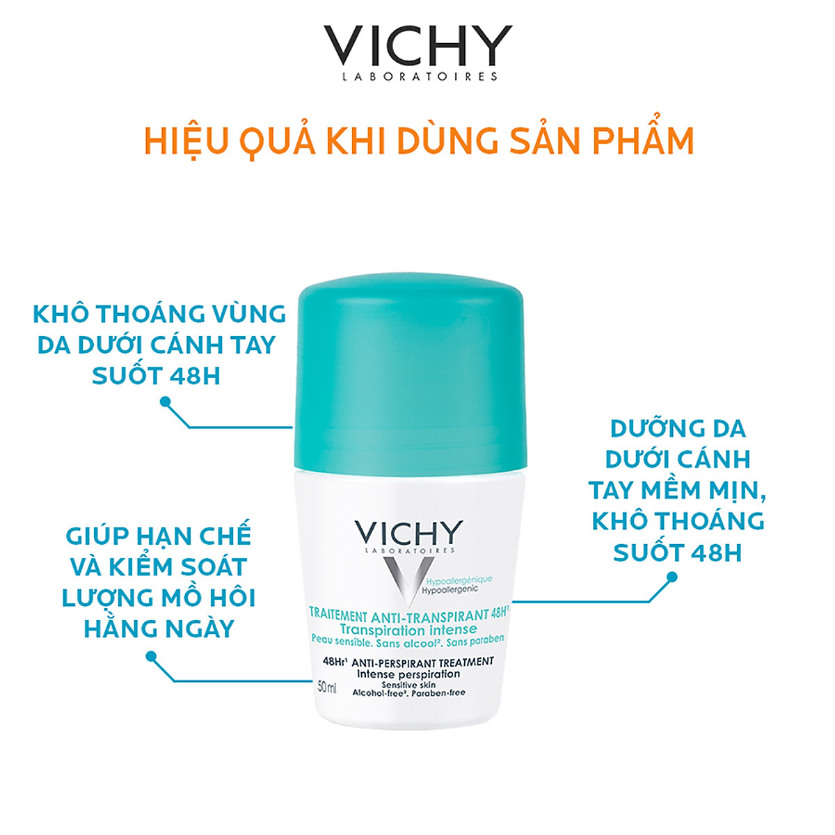 Lăn Khử Mùi Giúp Khô Thoáng Vùng Da Dưới Cánh Tay VICHY Traitement Anti- Transpirant 48h (50ml) - TẶNG MÓC KHÓA