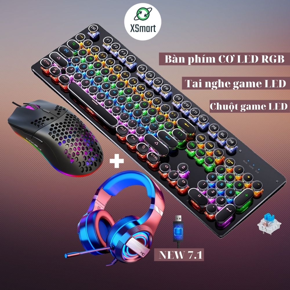 COMBO GAMING Bàn phím và chuột cơ XSmart kèm tai nghe chụp tai headphone chơi game, Bộ sản phẩm FULL LED T907+M8+Q9 7.1 - Hàng Chính Hãng