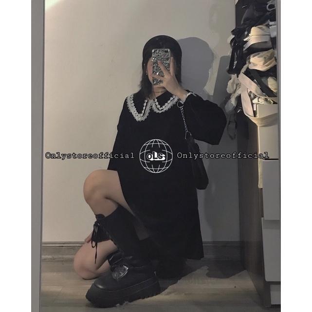 Váy babydoll nhung đen cổ diềm trắng siêu xinh