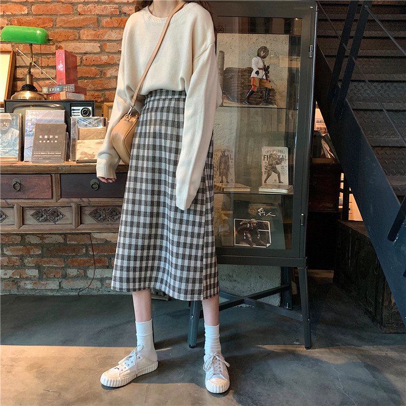 Chân váy midi lưng cao hoạ tiết kẻ sọc phong cách Retro Hàn Quốc Dv10