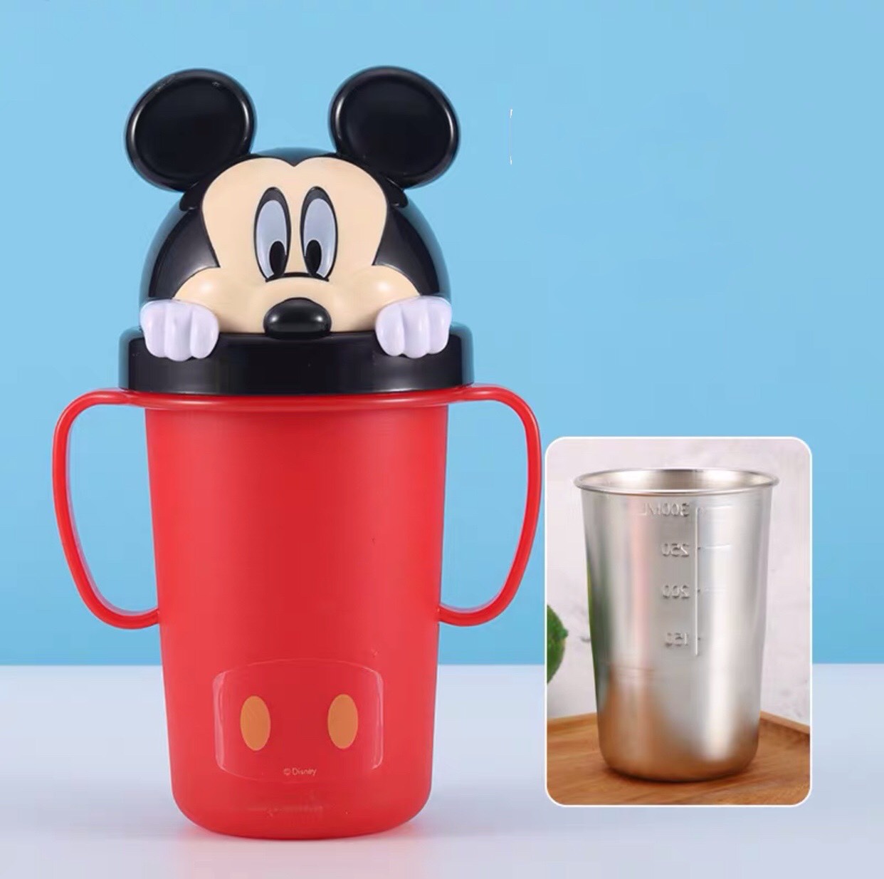 Bình tập uống có 2 tay cầm kèm inox giữ nhiệt hình chuột Mickey siêu cute cho các bé - PDA20218-A