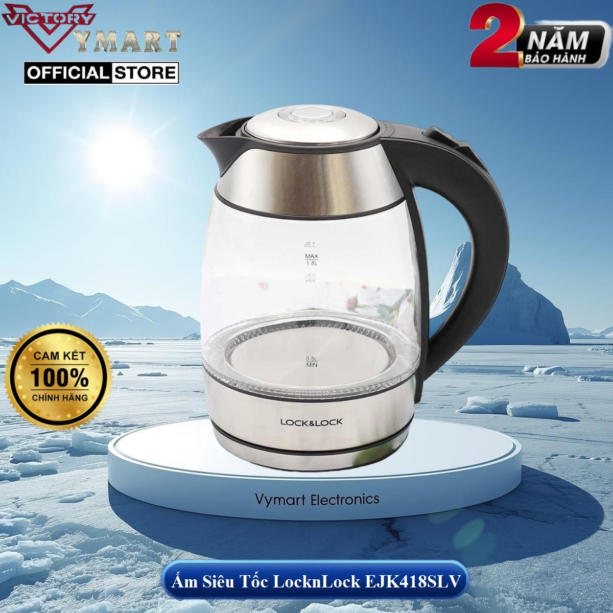 Ấm đun siêu tốc Lock&amp;Lock thân bình thủy tinh dung tích 1.8L công suất 1850W EJK418SLV - Hàng chính hãng