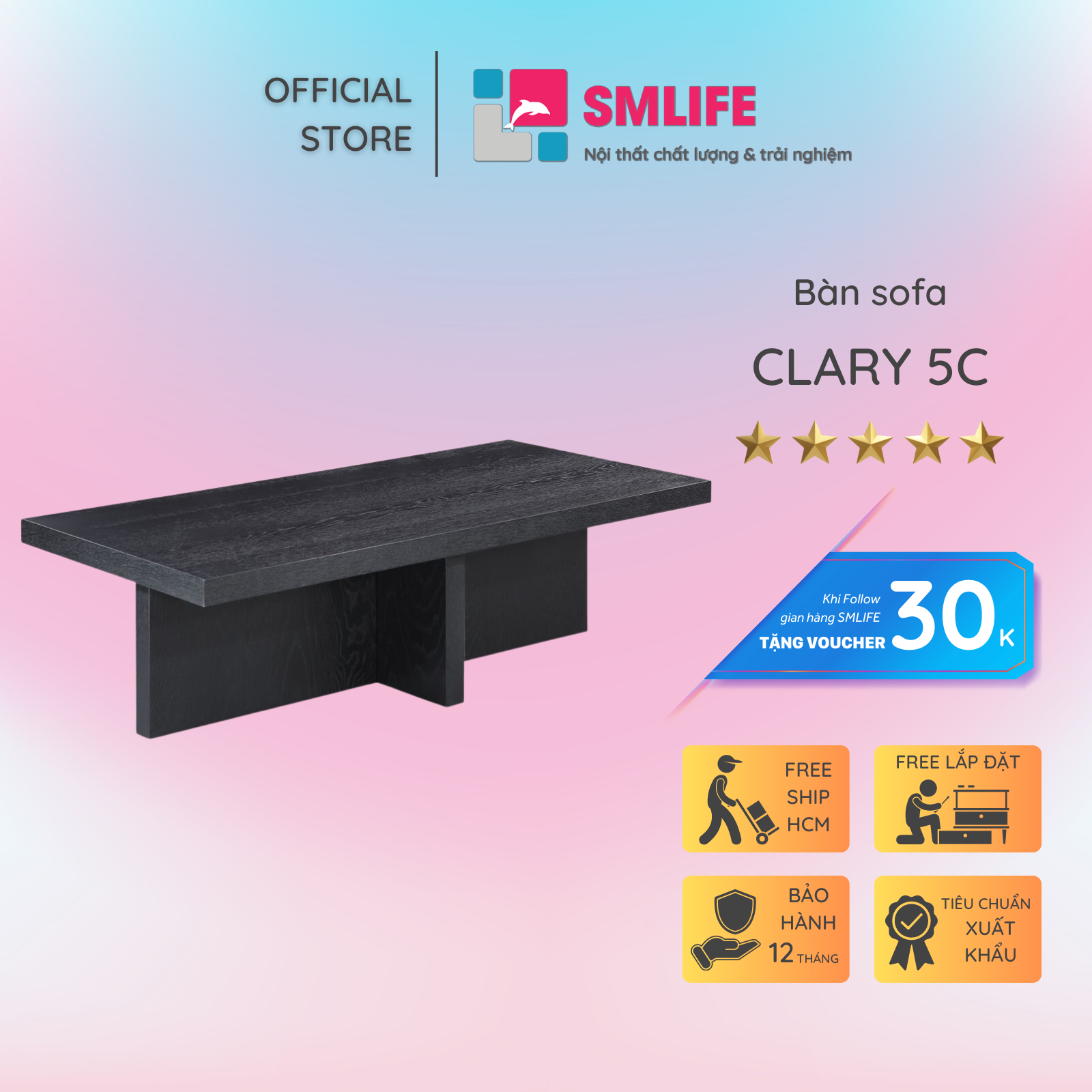 Bàn sofa gỗ sồi hình chữ nhật sang trọng SMLIFE Clary 5C | D132,0 x R63,4 x C38,2cm | gỗ Cao Su và Veneer Sồi