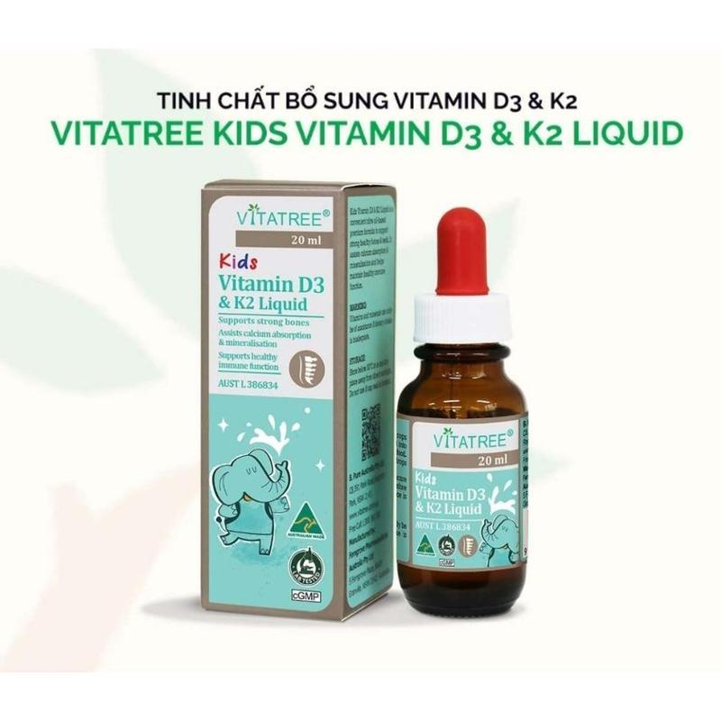 Tinh chất D3 K2 hỗ trợ hấp thu canxi cho trẻ Vitatree Kids Vitamin D3 &amp; K2 Liquid 20ml