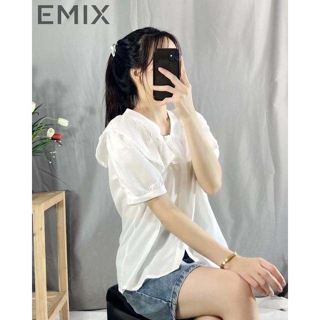 Áo sơ mi nữ họa tiết EMIX (màu trắng), ulzzang, dáng dài, form rộng, cổ V, cộc tay, tay bồng, vải lụa thô, không lộ