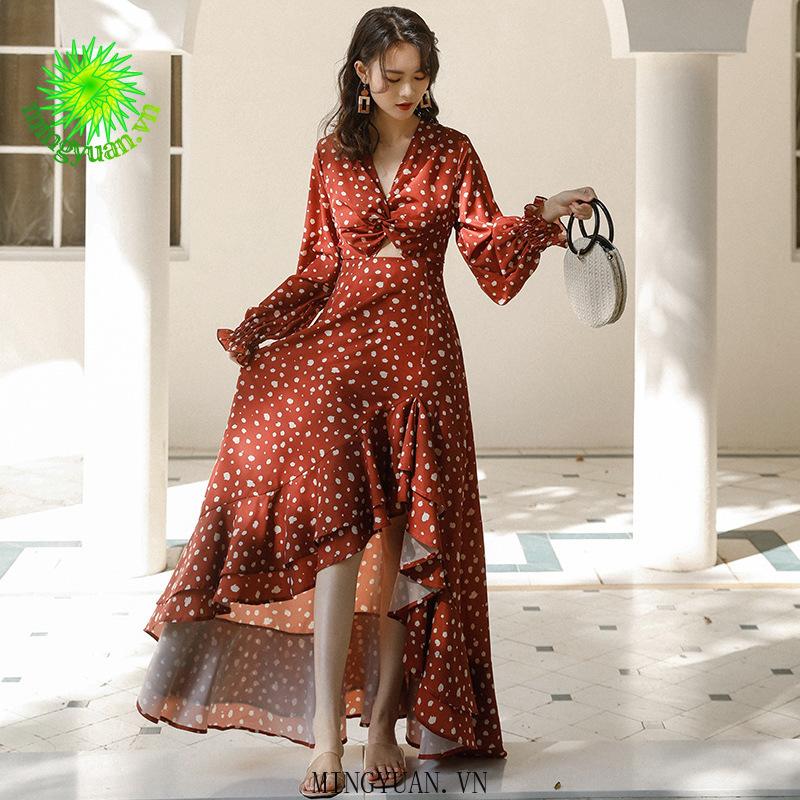 Đầm Dáng Dài In Họa Tiết Phong Cách Retro Nữ Tính
