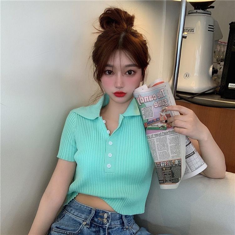 Áo croptop dệt kim tay ngắn cổ polo thời trang Hàn Quốc thanh lịch
