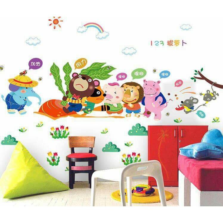 Decal dán tường Combo Thú nhổ củ cải + khỉ đu dây