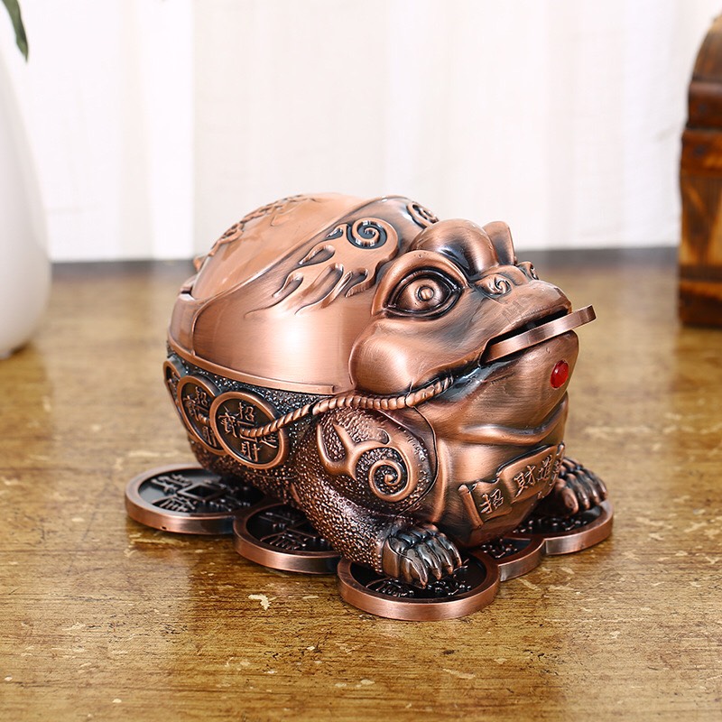 Gạt Tàn Thuốc Loại Lớn Bằng Đồng Hình Cóc Ngậm Tiền Trang Trí Sang Trọng