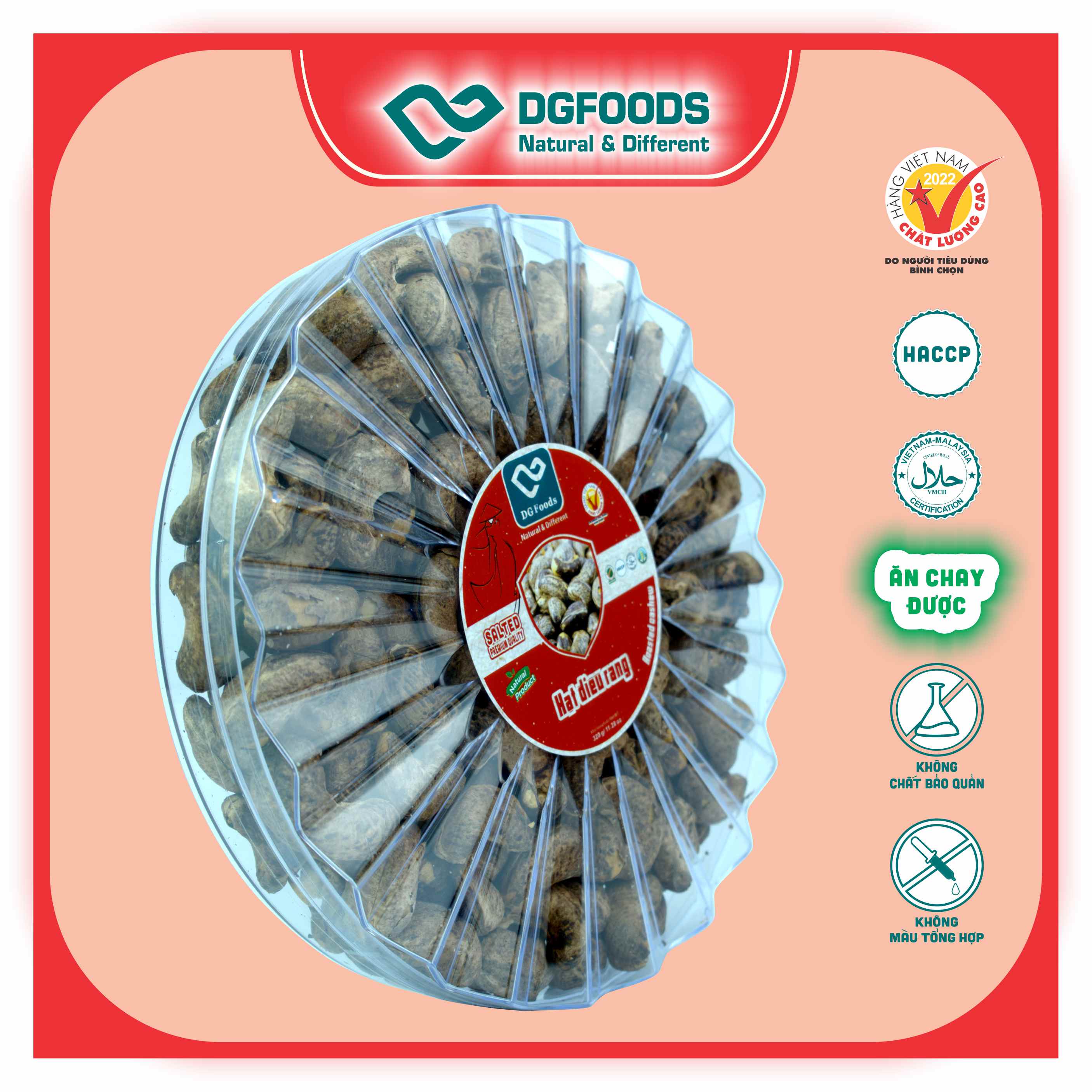 Hạt Điều Rang Dgfoods 320g/hộp tròn Sun, HVNCLC, Haccp, Halal, Ăn chay, Ăn kiêng, Đặc sản Cần Thơ, hạt điều Bình Phước, hạt dinh dưỡng, quà Tết, hàng Tết, quà tặng, quà tặng cao cấp