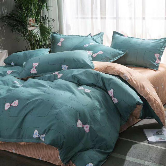 Bộ Chăn Ga Gối Nơ Xanh Cotton Poly