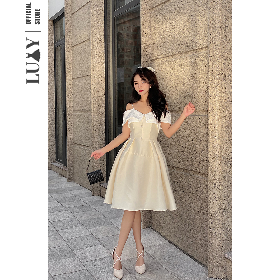 Váy 2 Dây Trễ Vai Luxy V30367, Chất Tafta Phối Vải Đính Cúc, Phong Cách Thanh Lịch