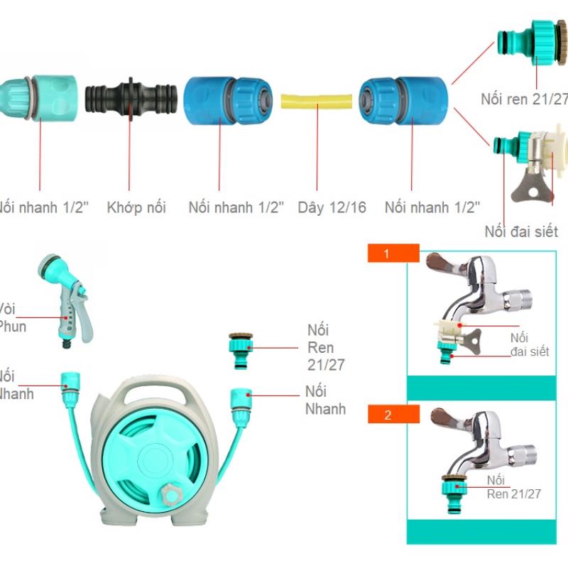 Bộ cuộn ống tưới, Bộ khung lô cuốn dây tưới AK-2589, 15m dây + đầu phun - Màu ngẫu nhiên