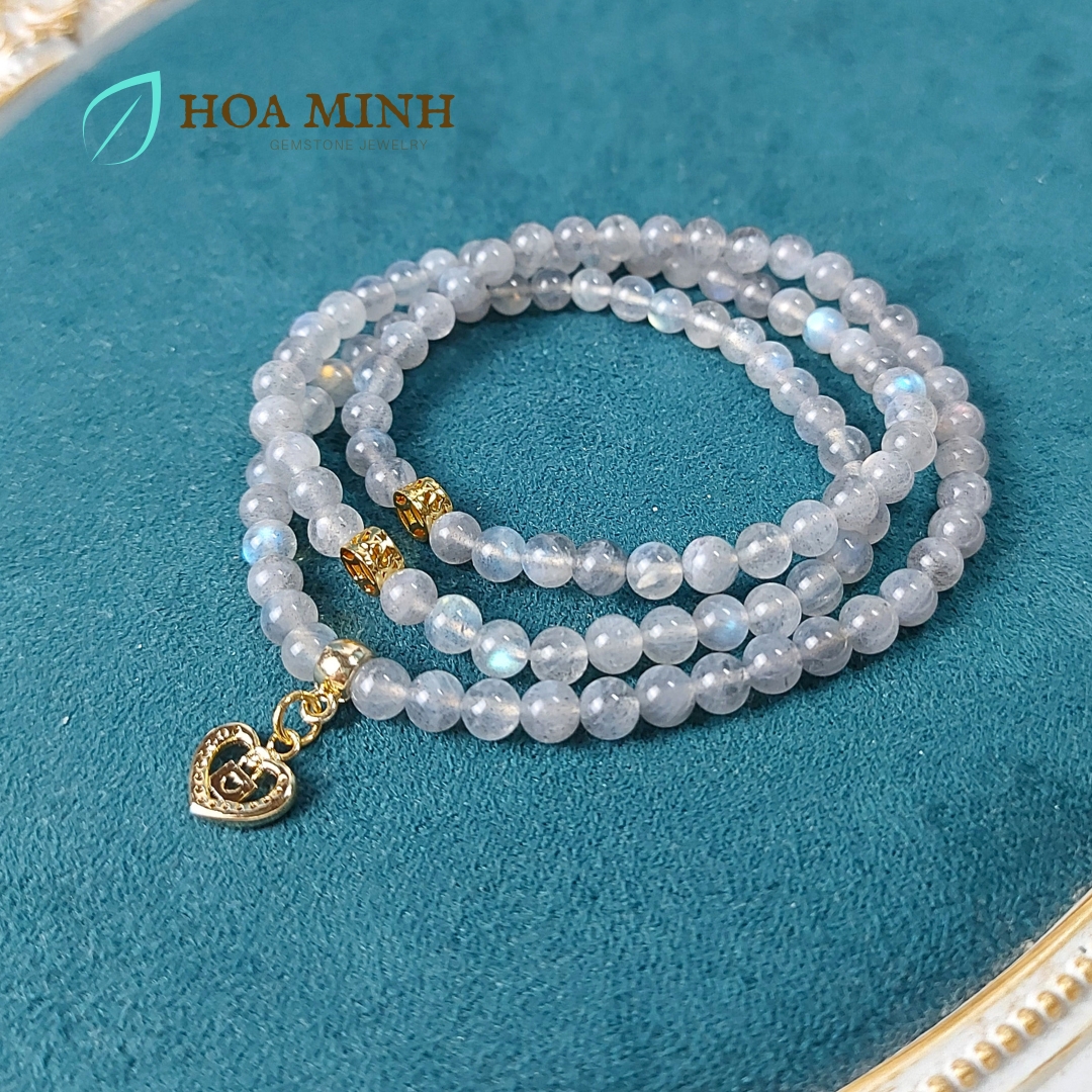 Vòng tay chuỗi 108 hạt đá xà cừ Labradorite Hắc Nguyệt Quang tự nhiên phối charm kim tiền, trái tim ổ khóa đính đá