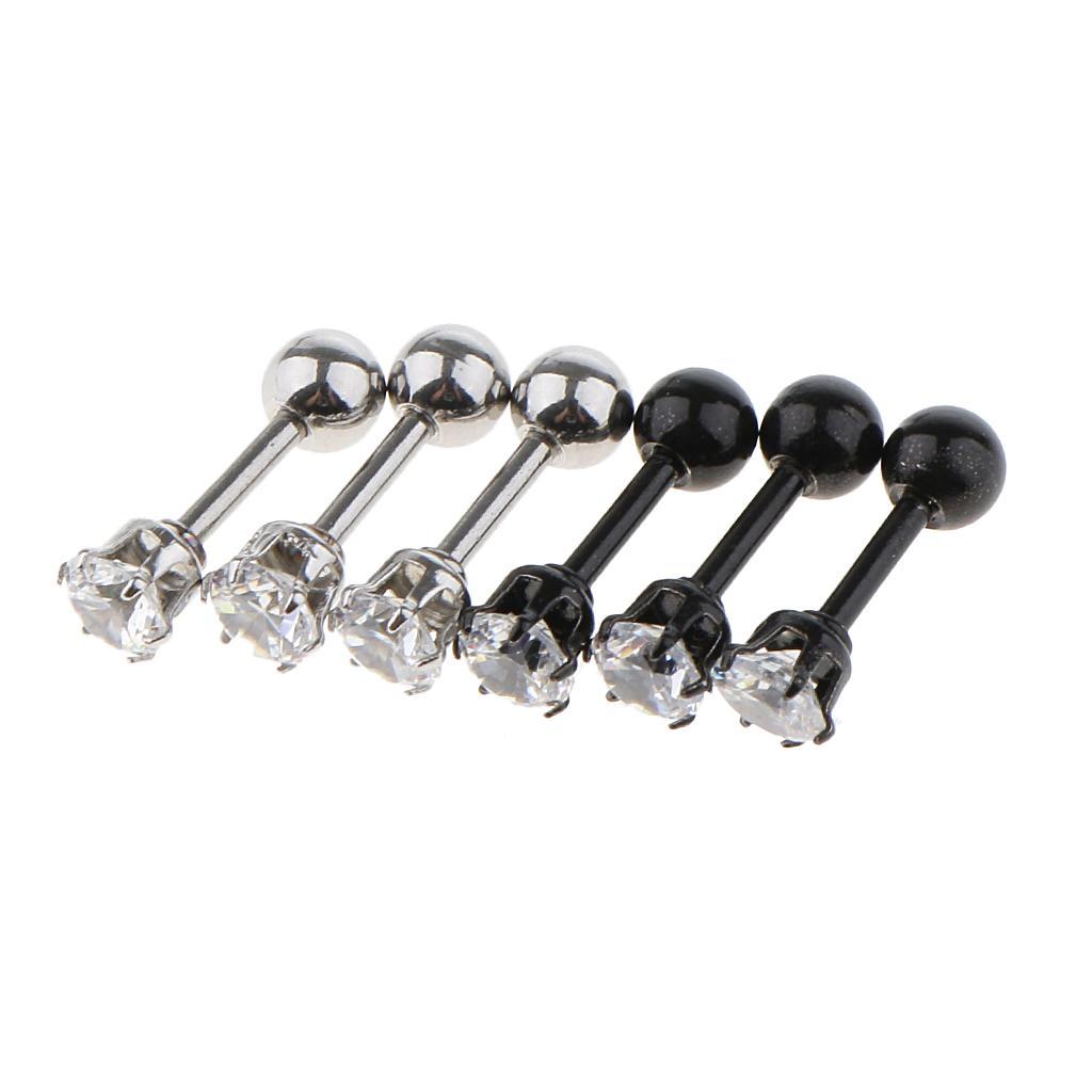 6 Pieces Black Silver Crystal Stainless Steel Ear Navel Belly Stud