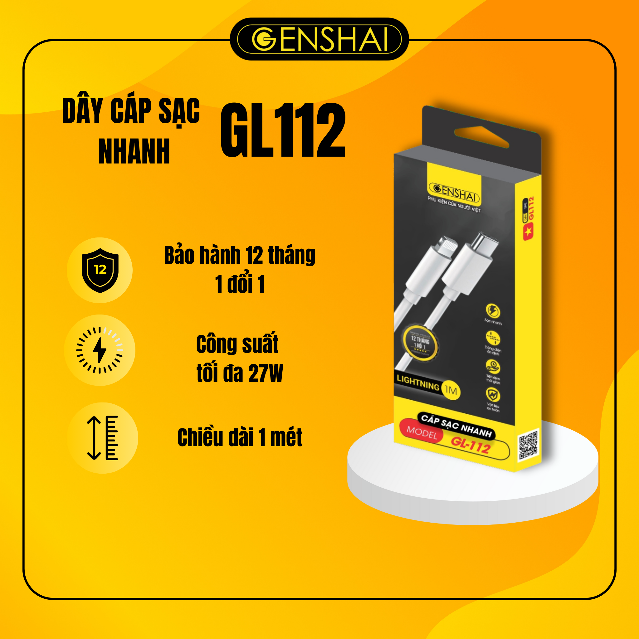 Cáp sạc nhanh C to L 1m hàng chính hãng GENSHAI GL112 cho điện thoại di động và máy tính bảng | Bảo hành 12 tháng 1 đổi 1 | Made in Việt Nam