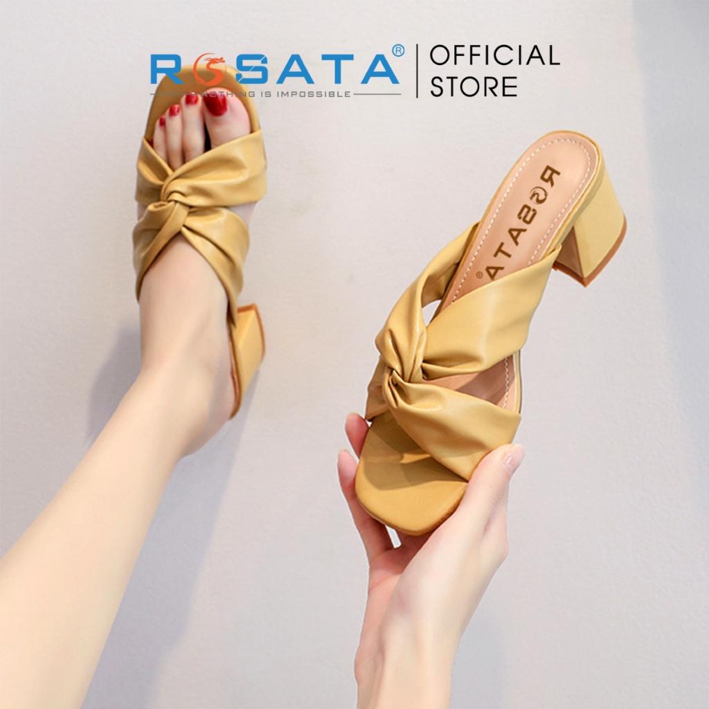 Giày sandal cao gót nữ ROSATA RO337 xỏ chân mũi tròn phối dây gót vuông cao 5cm xuất xứ Việt Nam - Kem